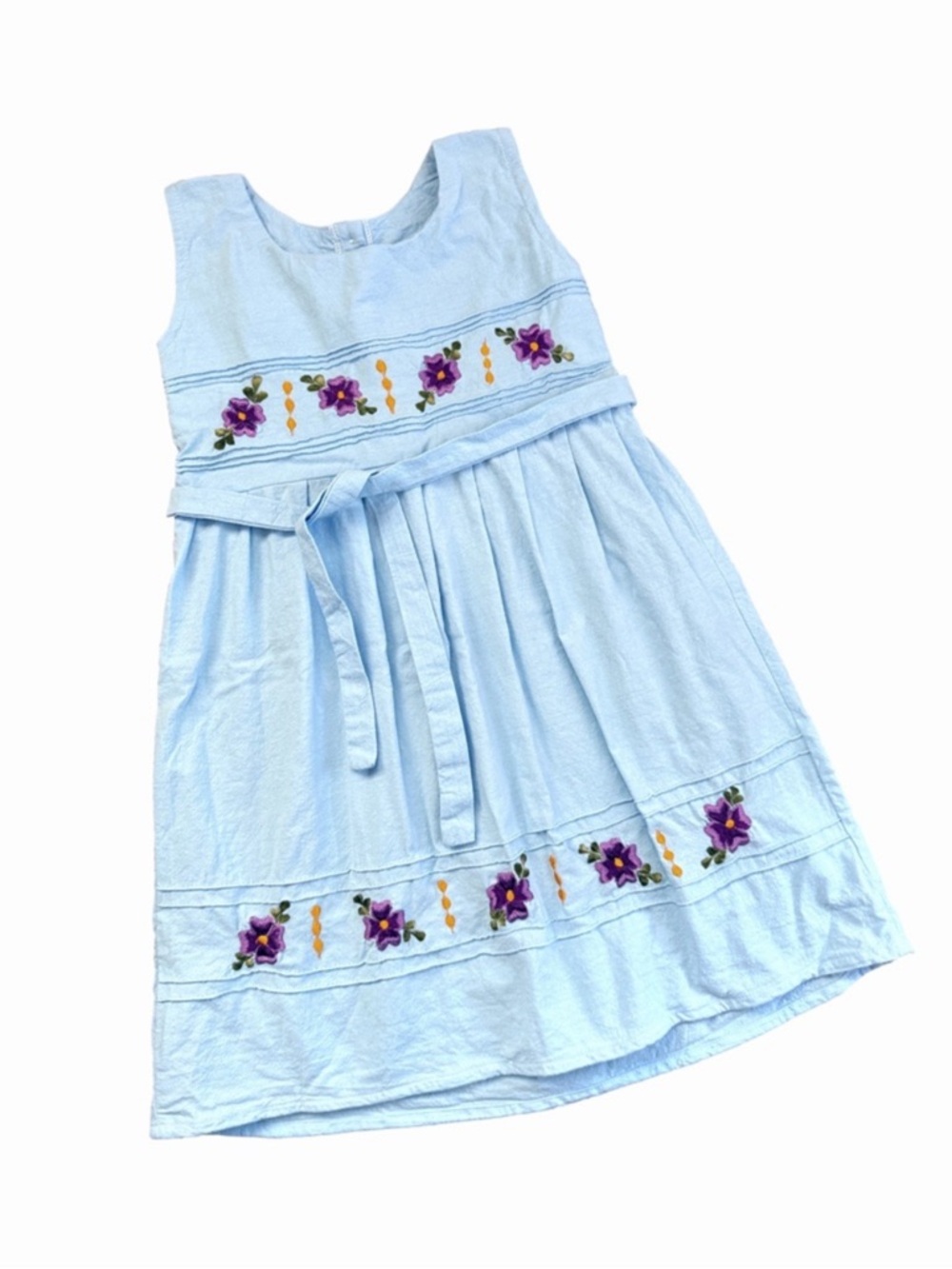 Light Blue Girls' Embroidered Floral Sundress with Tie Waist—4T